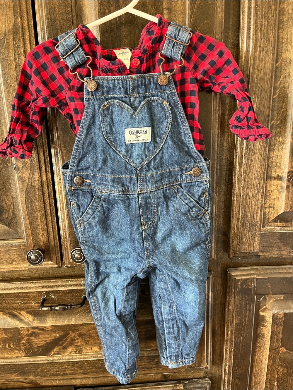 Flannel lined overalls with buffalo plaid onesie